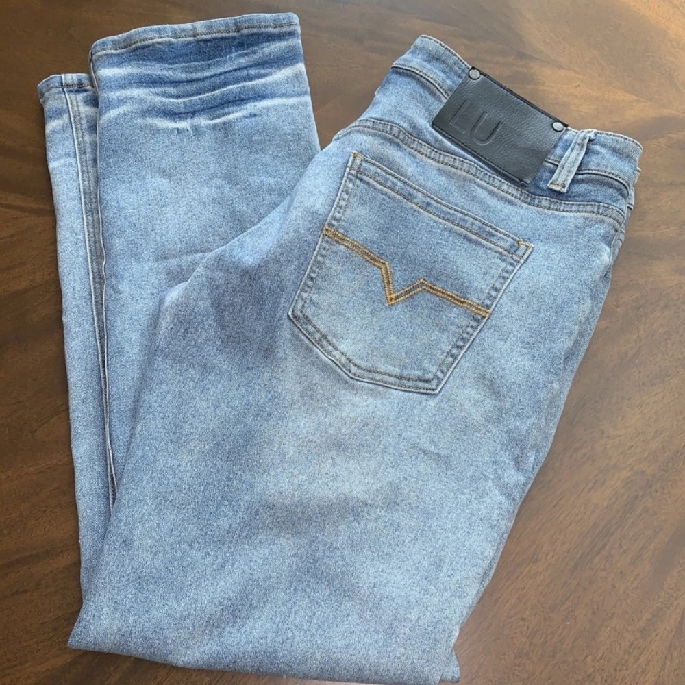 🇺🇸 🎆 Linea Uomo Mens Light Wash Straight Leg Jeans Classic Denim Pants 34x32